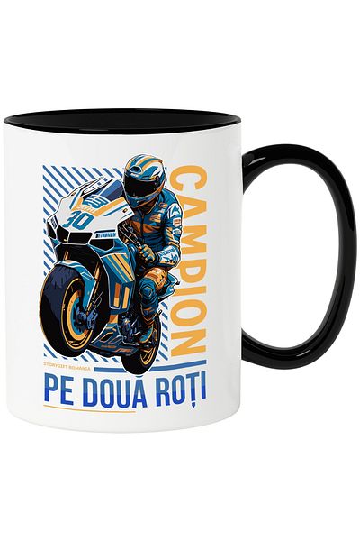 StoryGift Romania Motorcyclist Mug Champion on Two Wheels Sports, 330ml, Ceramic with Black Handle, With Handle