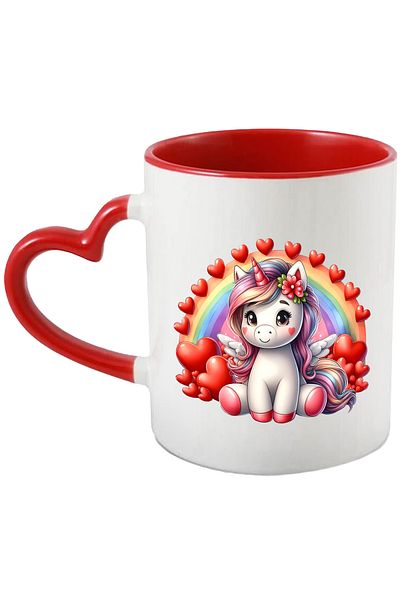 StoryGift Romania Mug with a cheerful unicorn, hearts, flowers, blushing, joy, illustration, , With ,STG
