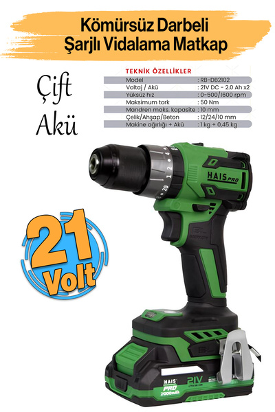 Hais Kömürsüz Çift Akülü Darbeli Akülü Vidalama Li-ion Batarya 21 V Çift Vitesli Led Işıklı Metal Mandren