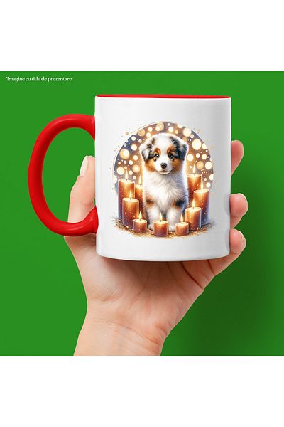 StoryGift Romania Mug with a curious puppy | illustration | many lit candles around it | sky, With ,STG