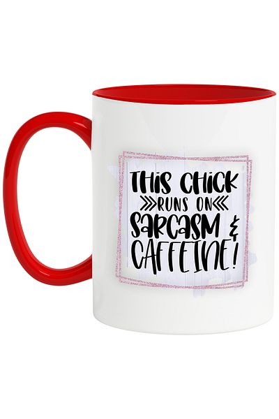 StoryGift Romania Mug with the message "This chick runs on sarcasm caffeine!", illustration, funny, laugh, With ,STG
