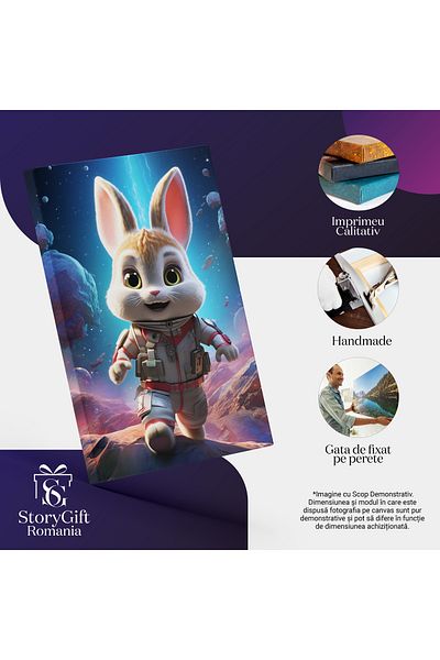 StoryGift Romania Tablou Canvas: Astronautul Iepuras Care Merge Pe Meteoriti In Echipament Gri Cu Rosu Si Ochii