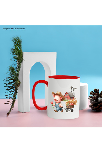 StoryGift Romania Mug with a pig pulling a wheelbarrow with wheat, illustration, hearts, flowers, pl, With, STG