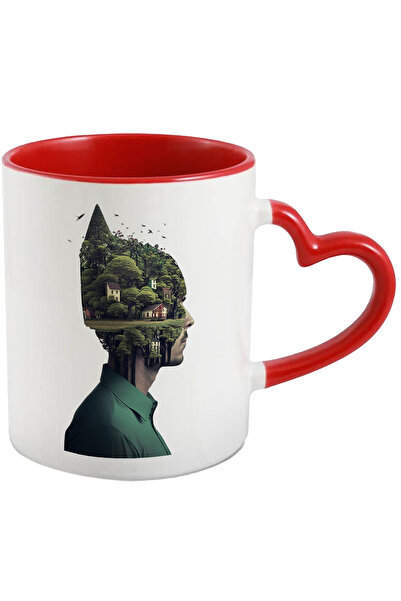 StoryGift Romania Cana Cu Portret Barbat Din Lateral Si Peisaj, Case, Copaci,...