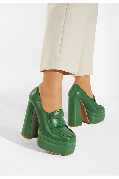 B T Shoes Green Algara Platform Heeled Loafers