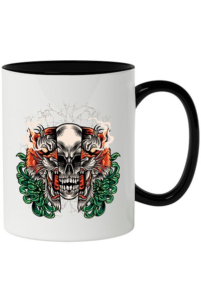 StoryGift Romania Mug With Skull, Tiger, Flowers, Lightning, Smoke, Fangs, Multicolor 330 ml, Ceramic with, With