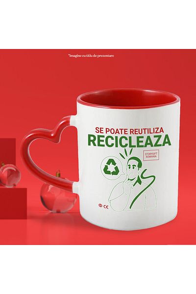 StoryGift Romania Cana Se Poate Reutiliza Reciclare Poluare Plastic, 330ml, Ceramica Cu Maner Inim, Cu ,stg