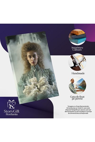 StoryGift Romania Tablou Canvas: Portret Feminin European Cu Buchet De Flori Albe Și Fum În Fundal Pictura Digita