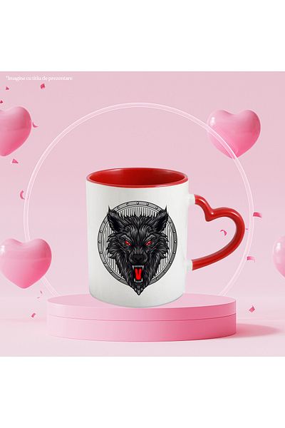 StoryGift Romania Cana Cu Cap De Lup, Scut, Colti, Multicolor 330 Ml, Ceramica Cu Maner Inima Rosi, Cu ,stg