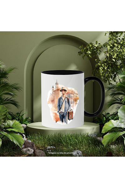 StoryGift Romania Mug With Man, Tourist, Bag, Building, Hat, Schoolbag, Multicolor 330 ml, C, With