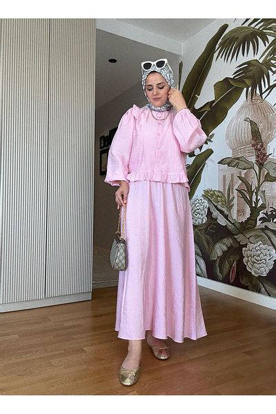 Aselim Hijap Moda Cotton Ruffle Detailed Summer Skirt Suit – Pink