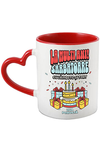 StoryGift Romania Cana La Multi Ani! Sarbatoare Cu Zambete Si Tort, 330ml, Ceramica Cu Maner Inima, Cu ,stg