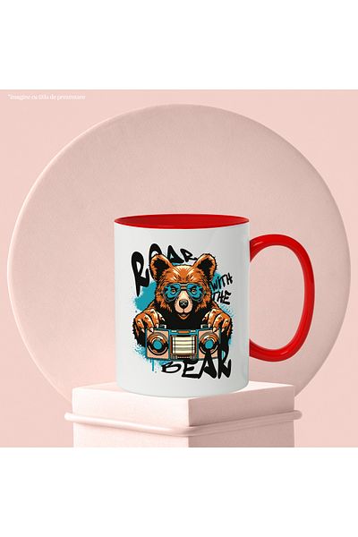 StoryGift Romania Mug With Message In English Roar With The Bear, bear, cassette player, music, multicolor, with handle