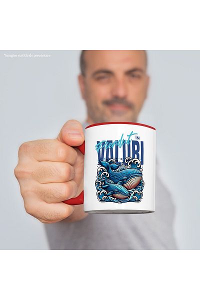 StoryGift Romania Mug lost in waves whales in big aquatic world, 330ml, Ceramic with Red Handle, With ,STG