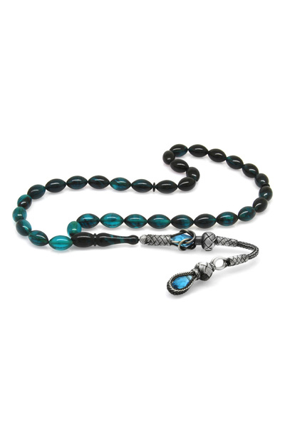 Tesbihane 1000 Ayar Gümüş Kazaz Püsküllü Arpa Kesim Süzme Turkuaz-siyah Ateş Kehribar Tesbih