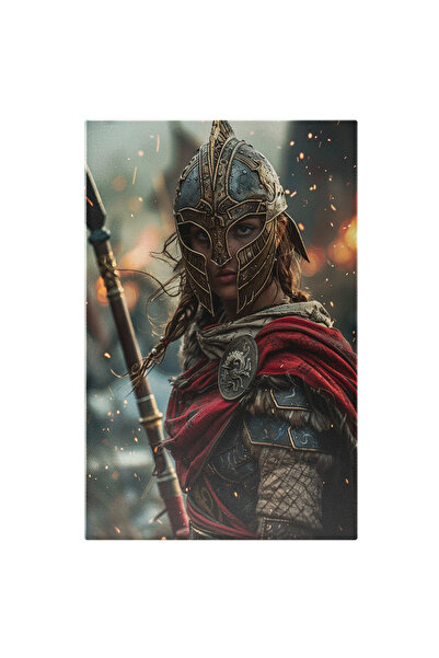 StoryGift Romania Tablou Canvas: Cavaler Medieval Femeie În Armură Și Capă Roșie- Portret Și Acțiune Pictura Dig