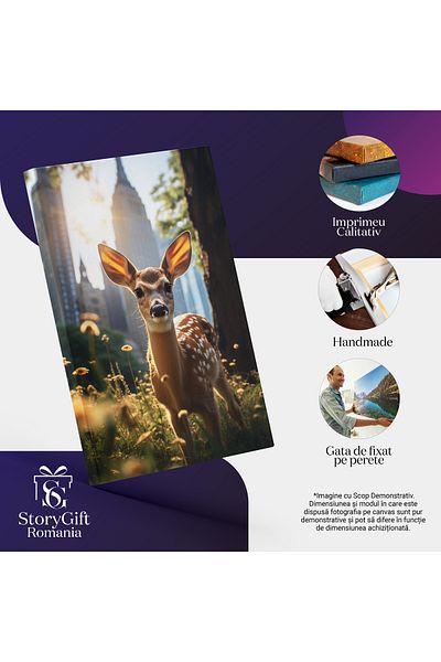 StoryGift Romania Tablou Canvas: Micuta Caprioara In Parcul Cu Flori De Langa Orasul Cu Cladiri Inalte Si Urechi