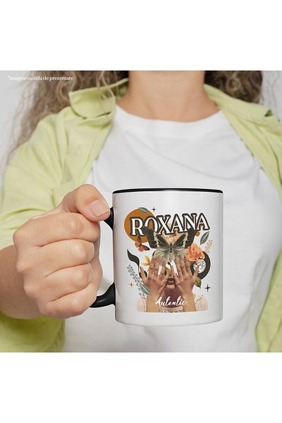 StoryGift Romania Mug With Name Roxana, Girl Collage, Butterfly, Flowers, Circle, 330ml, Ceramics with Handles, With