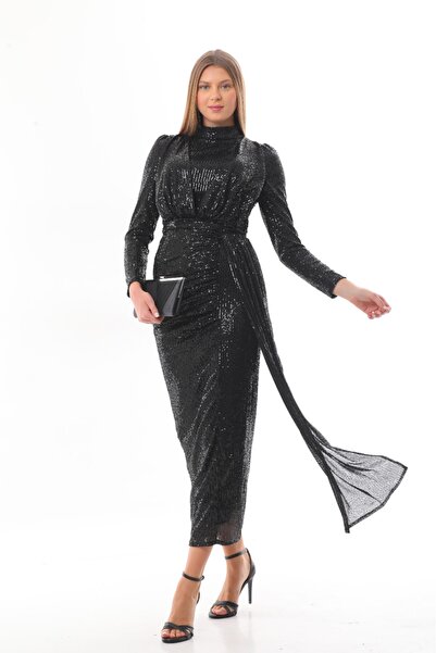 Marvella By Rasha Midnight Drape Sequin Gown