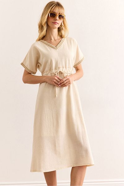Olalook Women's Ecru Waist Lace up Lined Guipure Detailed Midi Linen Dress Elb-19002419