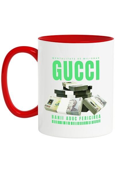 StoryGift Romania _Gucci_ Mug - Money Brings Happiness, 330ml, Ceramic with Red Handle, With Red Handle STG
