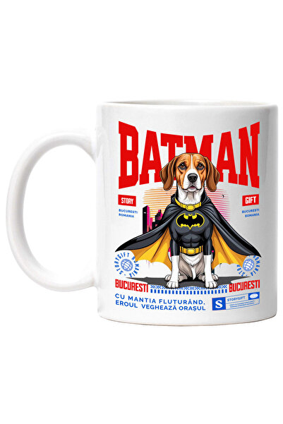 StoryGift Romania Cana Cu Boxer Caine In Costum De Batman Cu Pelerina, Erou Nocturn, Desene Animat, Cu ,stg