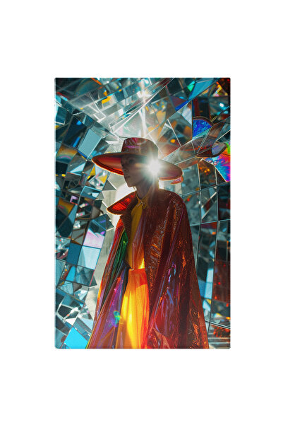 StoryGift Romania Tablou Canvas: Camera De Oglinzi, Femeie Cu Palarie Portocalie Si Costum Colorat In Fata Oglin