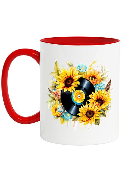 StoryGift Romania Mug with an old record, illustration, retro style, old, sunflower flowers,, With ,STG