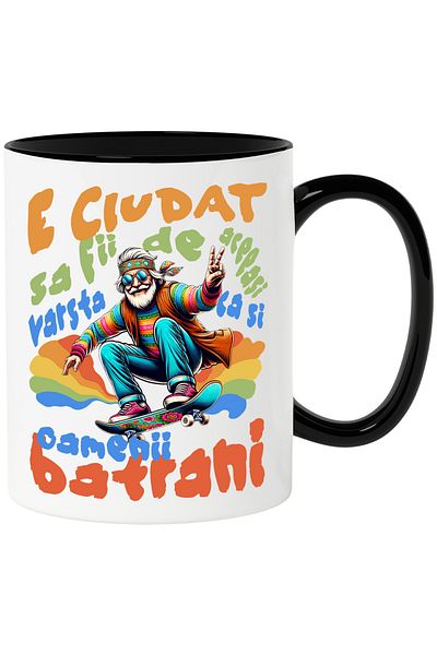 StoryGift Romania Mug Cool old Grandpa on skateboard street style, 330ml, Ceramic with Handle Ne, With