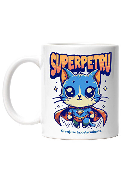 StoryGift Romania Cana Super Petru, Supererou, Pisica Zburand, 330ml, Ceramic Cu Maner Alb, Cu Maner Al,stg