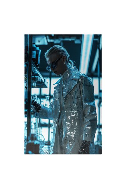 StoryGift Romania Canvas Print: Model In Eccentric White Suit With Silver Details And Gloves In Laboratory- Desig