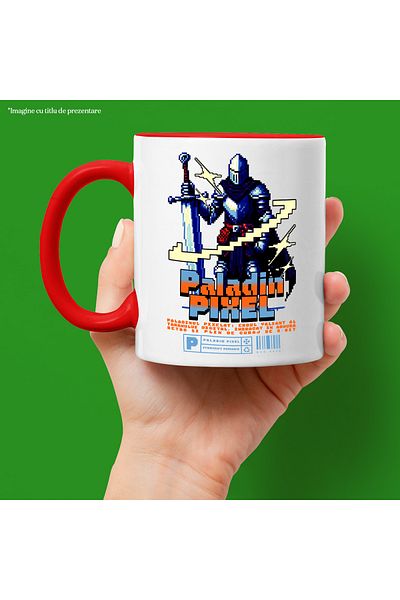 StoryGift Romania Pixel Knight Mug video games paladin pixel, 330ml, Ceramic with Red Handle, With M,STG