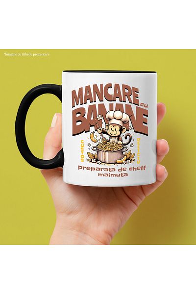 StoryGift Romania Cana mancare cu banane preparat de cheff maimuta, 330ml, Ceramica cu Maner Negru, Cu ,STG