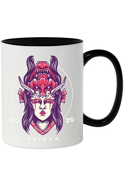StoryGift Romania Mug With Geisha Message, Mask, Oni, Woman, Horns, Bow, Multicolor 330 ml, Wax, With