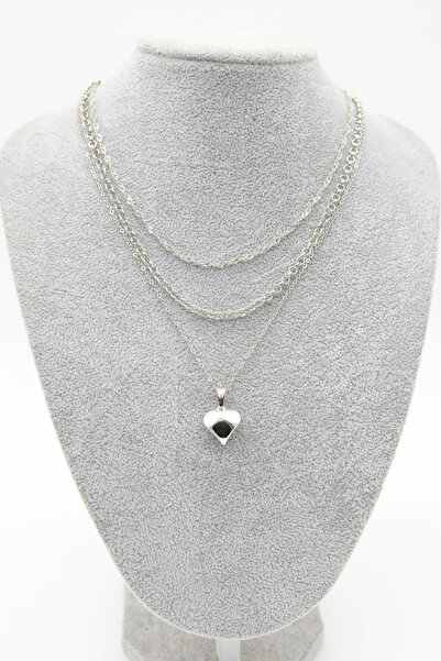 TAKIBOX Triple Chain Model Silver Color Heart Necklace