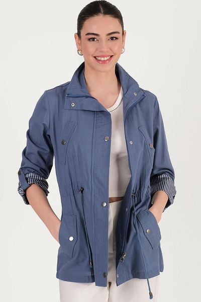 Spazio Oriente Stand Collar Zippered Snap Coat Indigo