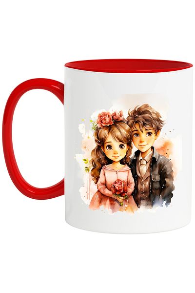 StoryGift Romania Mug with a little girl and a little boy, flowers, dress, classic, illustration, children, cheerful, With,STG
