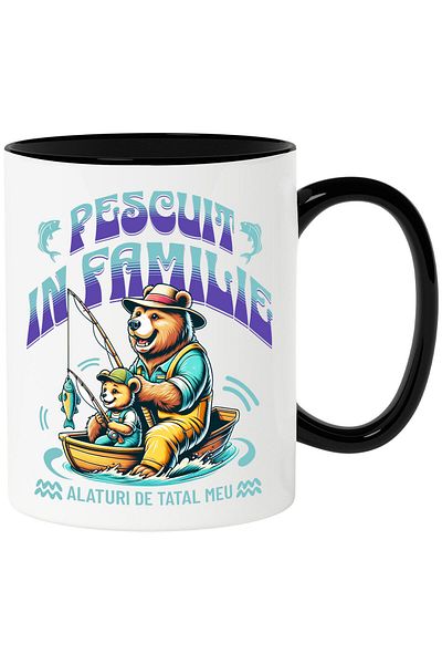 StoryGift Romania Mug with Old Bear and Cub Colorful Clothing in Boat with Fishing Rod Ho, With