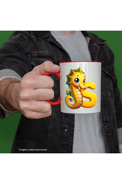 StoryGift Romania Mug with a seahorse with the letter "S", illustration, for children, school, student, , With