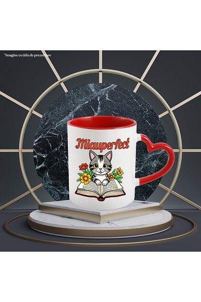 StoryGift Romania Cana Pisica Cu Carte Deschisa Educatie Citit, 330ml, Ceramica Cu Maner Inima Ros, Cu ,stg