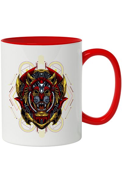 StoryGift Romania Mug With Tiger, Emblem, Robot, SF, Multicolor 330 ml, Ceramic with Red Handle, With Handle