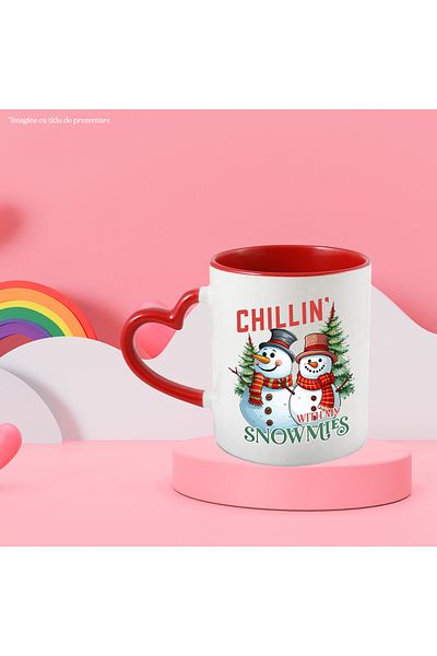 StoryGift Romania Mug with 2 snowmen with the message "Chillin' with my Snowmies", fir trees, Craciu, Cu, STG