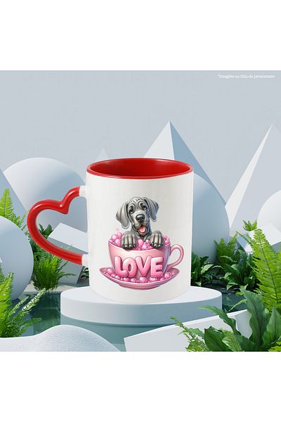 StoryGift Romania Mug with a cheerful gray puppy | illustration | sitting in a cup | the message "Love" | a, With ,STG