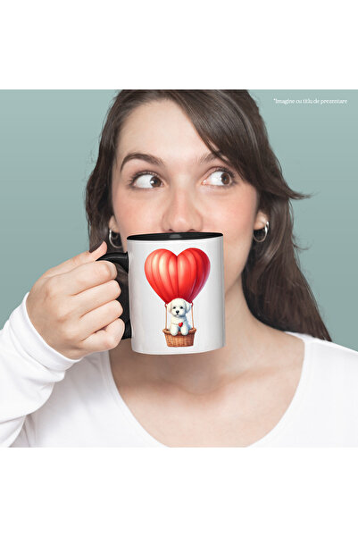 StoryGift Romania Cana Cu Un Catel Care Zboara Cu Un Balon Cu Aer Cald, Ilust...