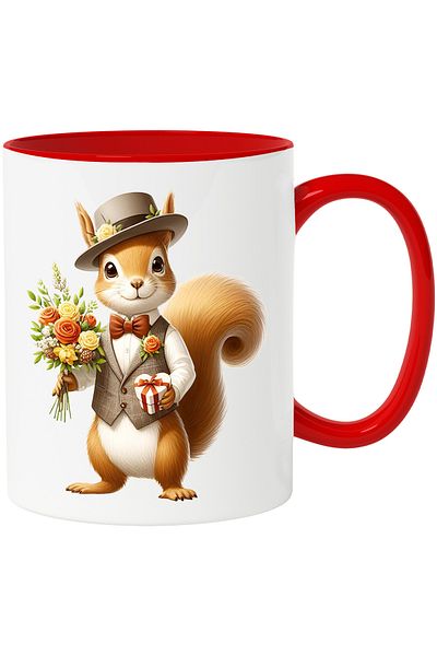 StoryGift Romania Mug with a cheerful squirrel holding a bouquet of flowers and a gift | illustration, With