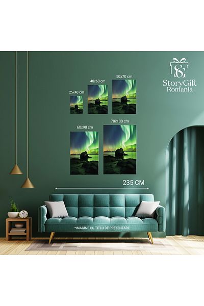StoryGift Romania Tablou Canvas: Aurore Boreale - Insula Apa Noapte Fenomen Pictura Digitala
