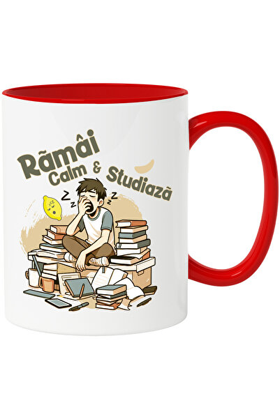 StoryGift Romania Cana Ramai Calm Si Studiaza Student Obosit Scoala, 330ml, Ceramic Cu Maner Rosu, Cu M,stg