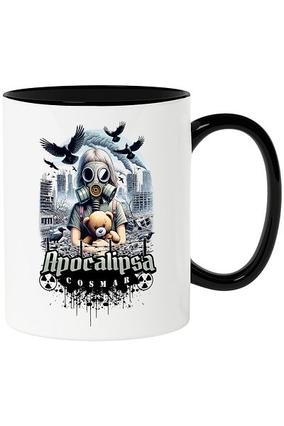 StoryGift Romania Children's mug with apocalypse mask and teddy bear, 330ml, Ceramic with Black Handle, With