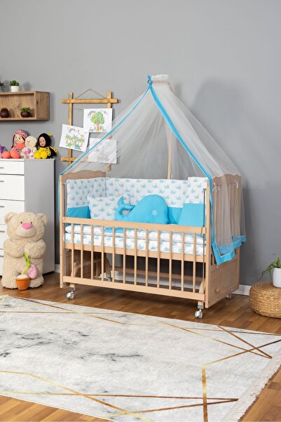 Bamgidoo Ahşap Beşik Anne Yanı Beşik Organik (BOYASIZ) 60x120 - Mavi Balina U...