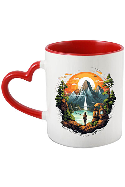 StoryGift Romania Cana Cu Un Om In Fata Unor Munti, Ilustratie, Apa, Lac, Cop...